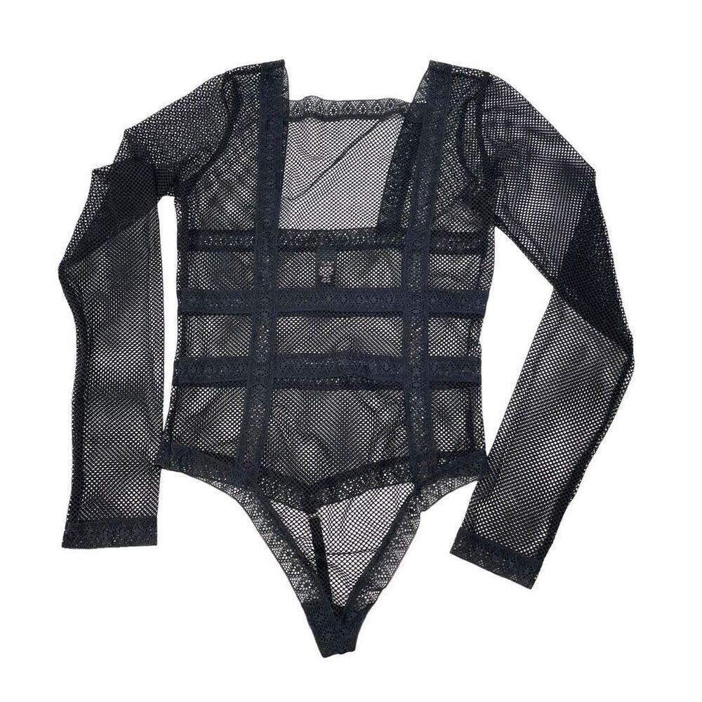 Victoria’s Secret‎ fishnet square neck thong bodysuit Size S black